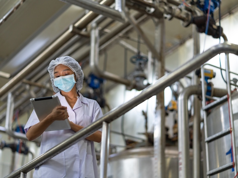 Female inspector wearing protective gear and hairnet examines canned fish production quality, checks Industrial pressure cooker, monitors food processing , and records data using tablet.